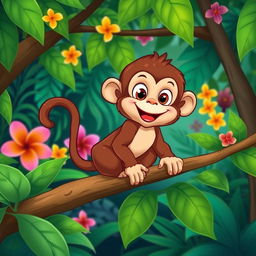 A cute monkey sitting playfully on a branch in a tropical forest