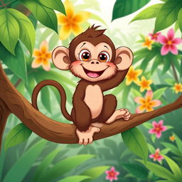 A cute monkey sitting playfully on a branch in a tropical forest
