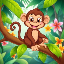 A cute monkey sitting playfully on a branch in a tropical forest