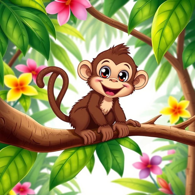 A cute monkey sitting playfully on a branch in a tropical forest