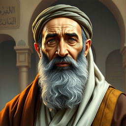 A detailed portrait of Abu Bakr Al-Siddiq, the first caliph in Islam, depicted in a realistic and respectful style