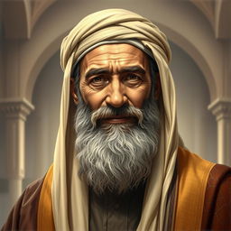 A detailed portrait of Abu Bakr Al-Siddiq, the first caliph in Islam, depicted in a realistic and respectful style