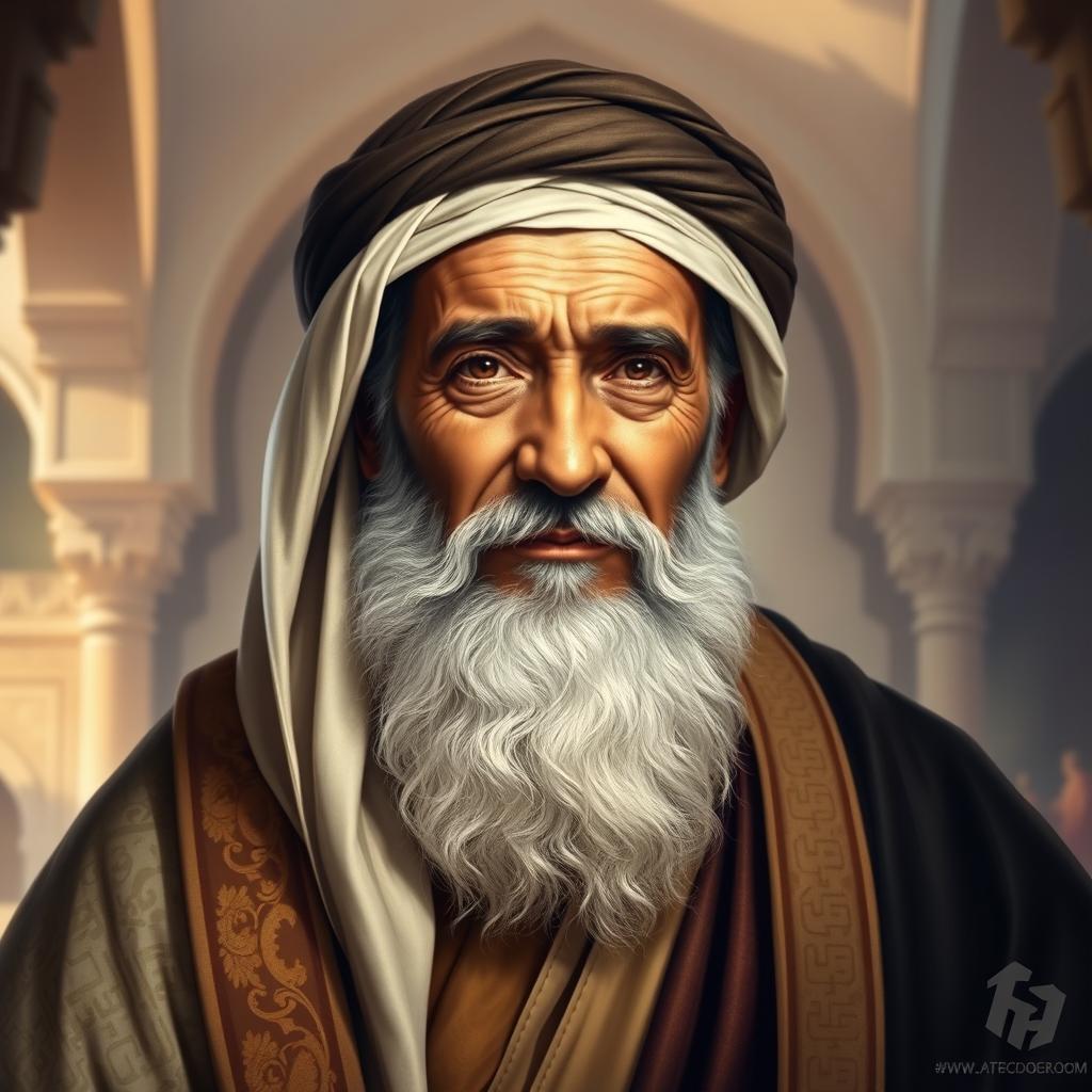 A detailed portrait of Abu Bakr Al-Siddiq, the first caliph in Islam, depicted in a realistic and respectful style