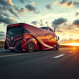 An impressive custom cutting-edge semi-truck featuring distinctive Alfa Romeo-style rims and wheels