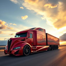 An impressive custom cutting-edge semi-truck featuring distinctive Alfa Romeo-style rims and wheels