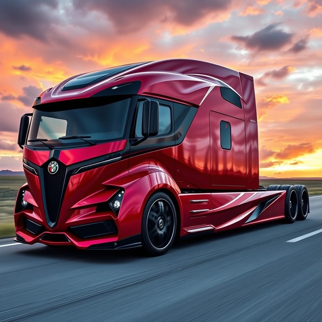 An impressive custom cutting-edge semi-truck featuring distinctive Alfa Romeo-style rims and wheels