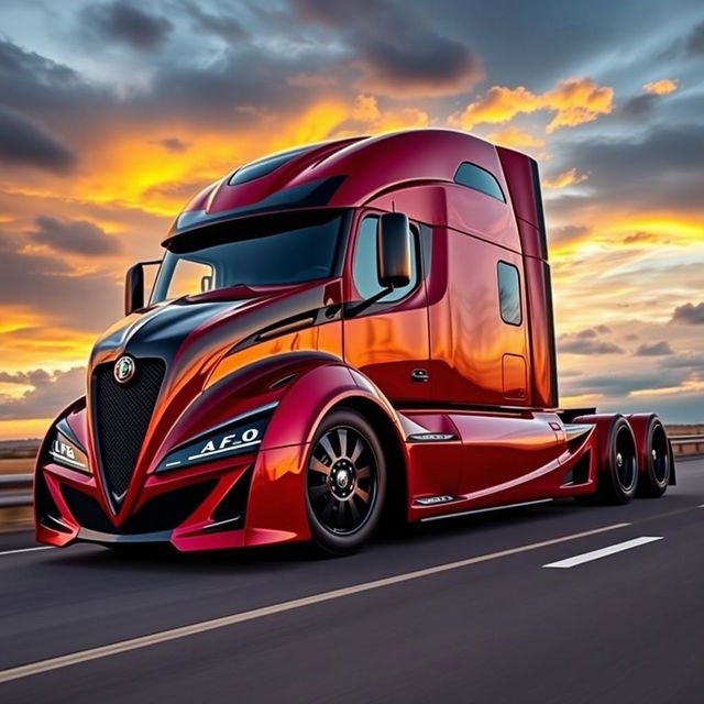 An impressive custom cutting-edge semi-truck featuring distinctive Alfa Romeo-style rims and wheels