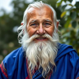 An elderly man with a long white beard dressed in vibrant blue traditional clothing, exuding a kind and gentle demeanor