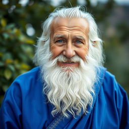An elderly man with a long white beard dressed in vibrant blue traditional clothing, exuding a kind and gentle demeanor