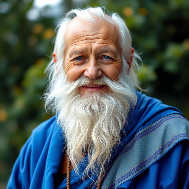 An elderly man with a long white beard dressed in vibrant blue traditional clothing, exuding a kind and gentle demeanor