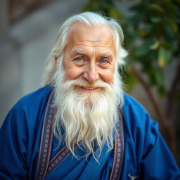 An elderly man with a long white beard dressed in vibrant blue traditional clothing, exuding a kind and gentle demeanor