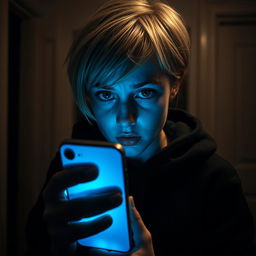 In a dark-themed room of a house, a 17-year-old Swedish girl with short blonde hair and striking green eyes is illuminated by the blue light of her iPhone