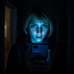 In a dark-themed room of a house, a 17-year-old Swedish girl with short blonde hair and striking green eyes is illuminated by the blue light of her iPhone