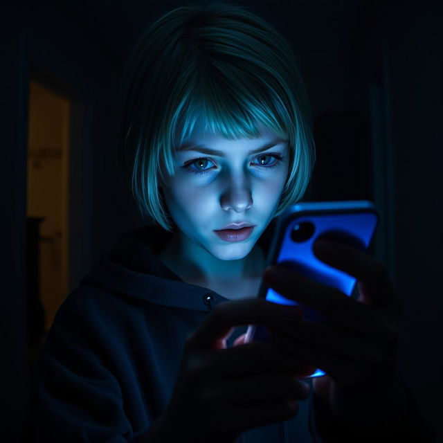 In a dark-themed room of a house, a 17-year-old Swedish girl with short blonde hair and striking green eyes is illuminated by the blue light of her iPhone