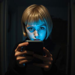In a dark-themed room of a house, a 17-year-old Swedish girl with short blonde hair and striking green eyes is illuminated by the blue light of her iPhone