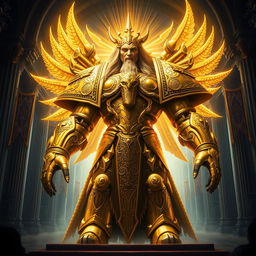 An awe-inspiring depiction of the God of Mankind from Warhammer 40k, illustrated as a colossal and majestic figure radiating divine power