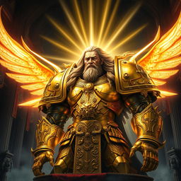 An awe-inspiring depiction of the God of Mankind from Warhammer 40k, illustrated as a colossal and majestic figure radiating divine power