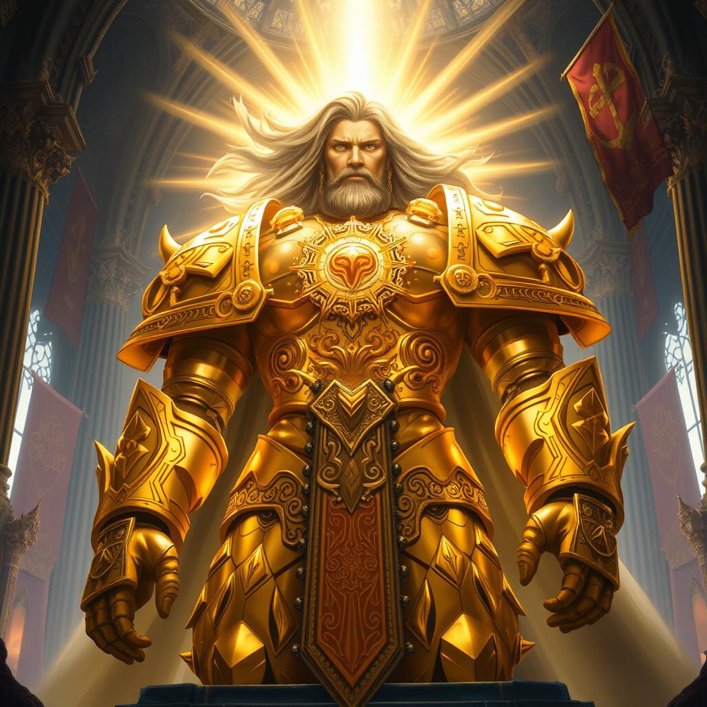 An awe-inspiring depiction of the God of Mankind from Warhammer 40k, illustrated as a colossal and majestic figure radiating divine power