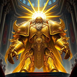An awe-inspiring depiction of the God of Mankind from Warhammer 40k, illustrated as a colossal and majestic figure radiating divine power