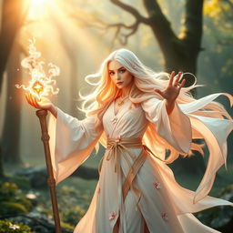 A powerful peach-themed white mage casting a spell, with flowing white robes adorned with delicate peach blossoms