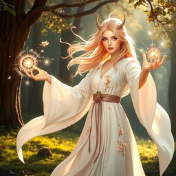 A powerful peach-themed white mage casting a spell, with flowing white robes adorned with delicate peach blossoms