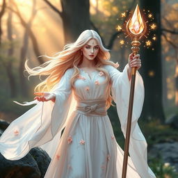 A powerful peach-themed white mage casting a spell, with flowing white robes adorned with delicate peach blossoms