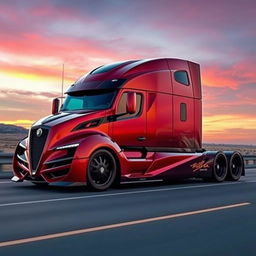 A remarkable custom cutting-edge semi-truck designed with Alfa Romeo-inspired rims and wheels