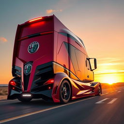 A remarkable custom cutting-edge semi-truck designed with Alfa Romeo-inspired rims and wheels