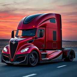 A remarkable custom cutting-edge semi-truck designed with Alfa Romeo-inspired rims and wheels