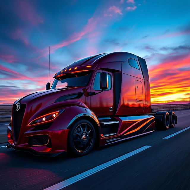 A remarkable custom cutting-edge semi-truck designed with Alfa Romeo-inspired rims and wheels