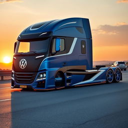A stunning custom cutting-edge semi-truck featuring Volkswagen-inspired rims and wheels