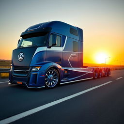 A stunning custom cutting-edge semi-truck featuring Volkswagen-inspired rims and wheels