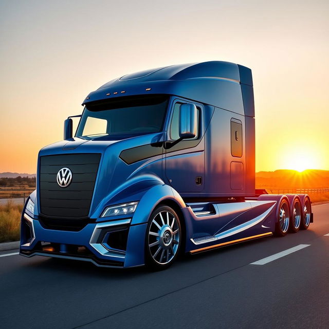 A stunning custom cutting-edge semi-truck featuring Volkswagen-inspired rims and wheels