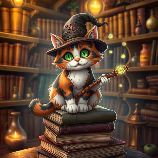 A whimsical calico cat mage perched on a stack of ancient spell books, wearing a tiny, ornate wizard hat with star patterns