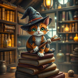 A whimsical calico cat mage perched on a stack of ancient spell books, wearing a tiny, ornate wizard hat with star patterns