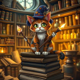 A whimsical calico cat mage perched on a stack of ancient spell books, wearing a tiny, ornate wizard hat with star patterns