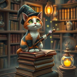 A whimsical calico cat mage perched on a stack of ancient spell books, wearing a tiny, ornate wizard hat with star patterns