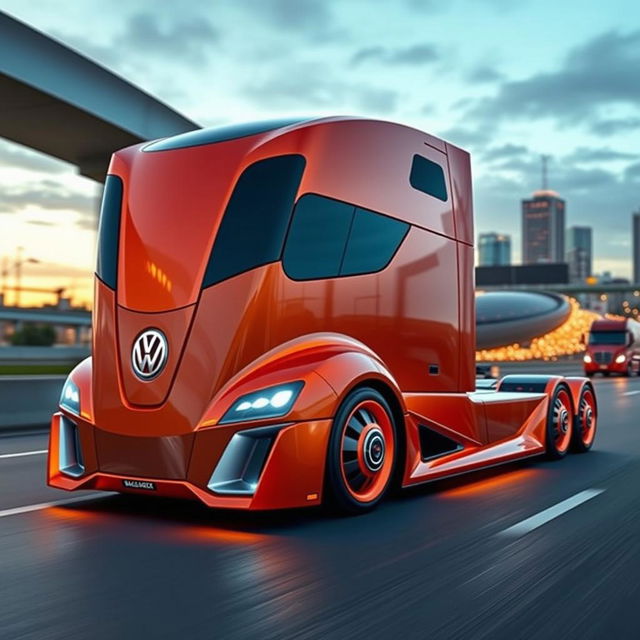 A sleek custom cutting-edge semi-truck featuring Volkswagen-inspired rims and wheels