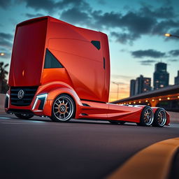 A sleek custom cutting-edge semi-truck featuring Volkswagen-inspired rims and wheels