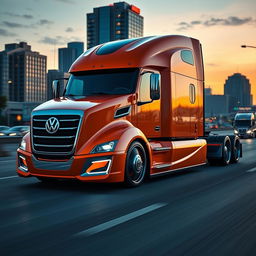 A sleek custom cutting-edge semi-truck featuring Volkswagen-inspired rims and wheels