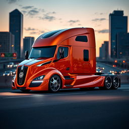 A sleek custom cutting-edge semi-truck featuring Volkswagen-inspired rims and wheels