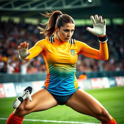 A female goalkeeper in a dynamic action pose, showcasing her athleticism and focused determination