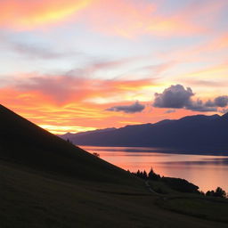 A serene landscape with a lush green hillside on the left side, gradually transitioning to a vibrant sunset sky filled with hues of orange, pink, and purple