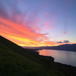 A serene landscape with a lush green hillside on the left side, gradually transitioning to a vibrant sunset sky filled with hues of orange, pink, and purple