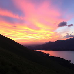 A serene landscape with a lush green hillside on the left side, gradually transitioning to a vibrant sunset sky filled with hues of orange, pink, and purple