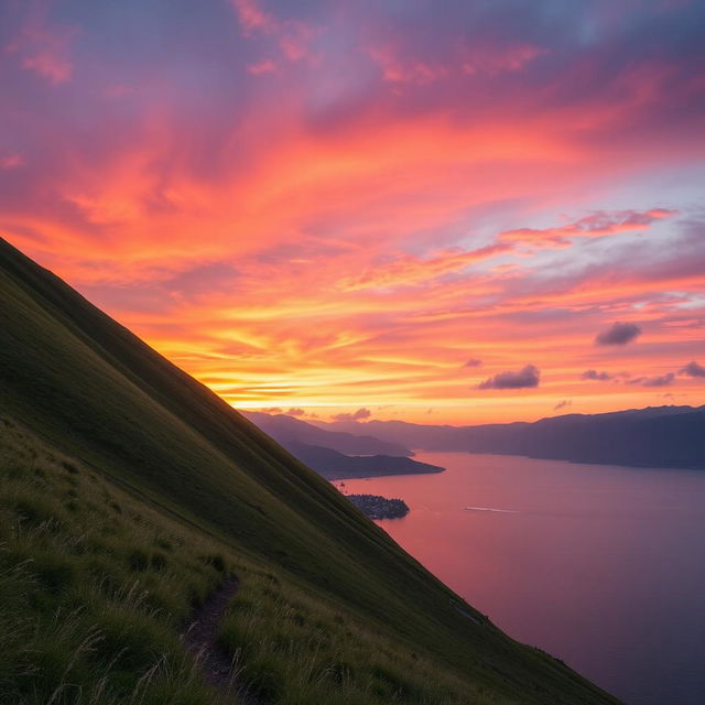 A serene landscape with a lush green hillside on the left side, gradually transitioning to a vibrant sunset sky filled with hues of orange, pink, and purple