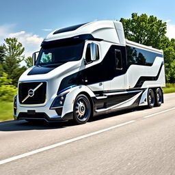 An impressive custom cutting-edge semi-truck featuring Volvo-inspired rims and wheels