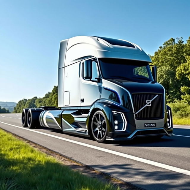 An impressive custom cutting-edge semi-truck featuring Volvo-inspired rims and wheels