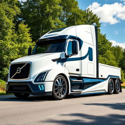 An impressive custom cutting-edge semi-truck featuring Volvo-inspired rims and wheels
