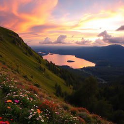 A panoramic landscape with a lush green hillside sharply increased on the left side, filled with blooming wildflowers of various colors, cascading down to a serene lake at the center